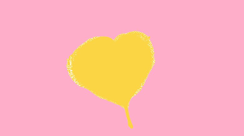 Bild på gult hjärta och rosa text 